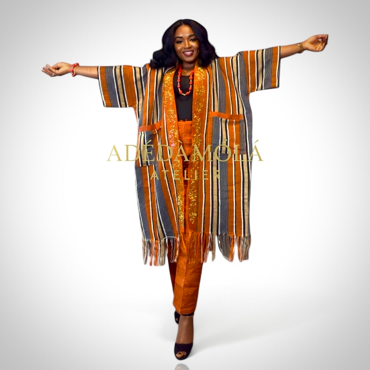 African Aso- Oke Kimono Jacket and trousers- Ade. One size fit upto size 16