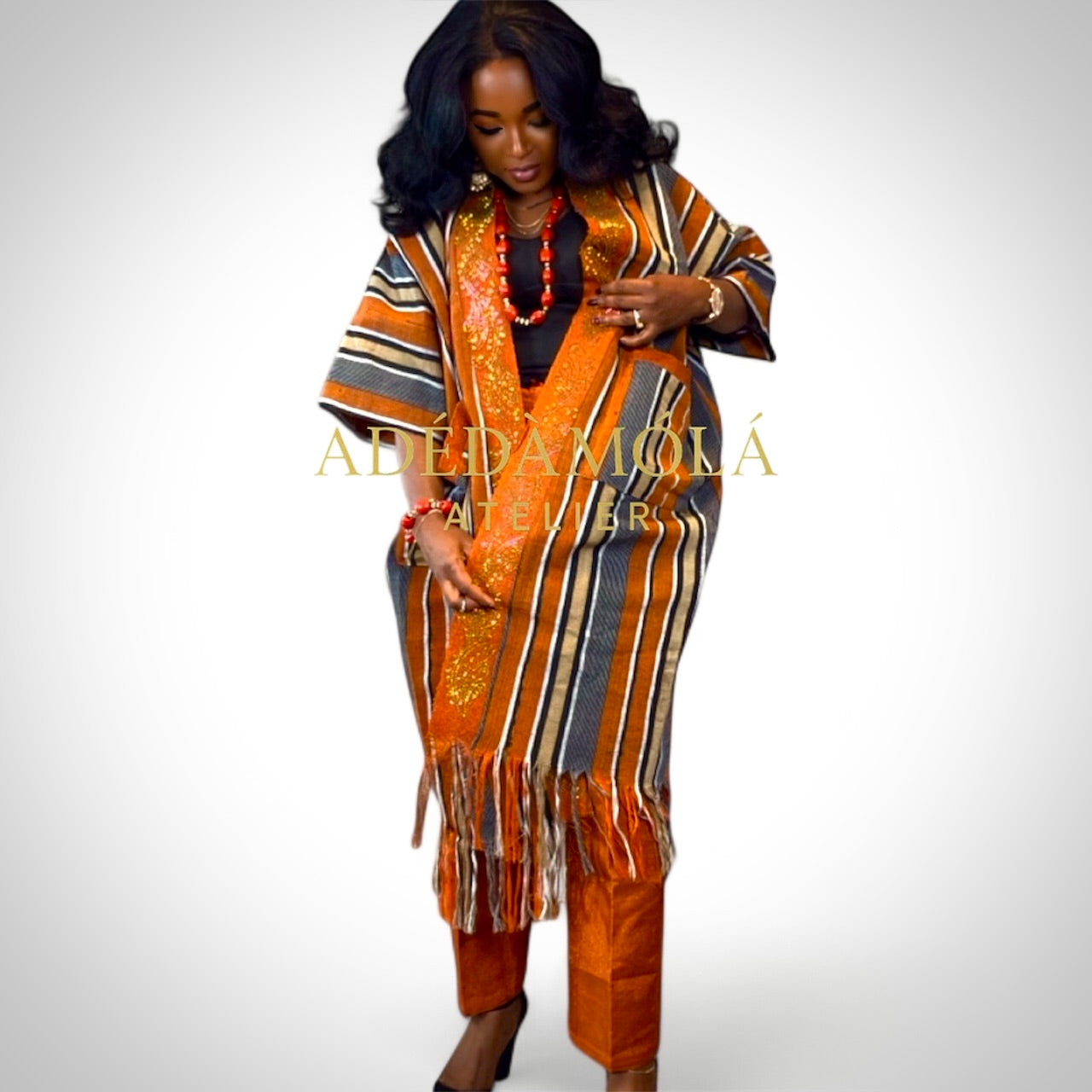 African Aso- Oke Kimono Jacket and trousers- Ade. One size fit upto size 16
