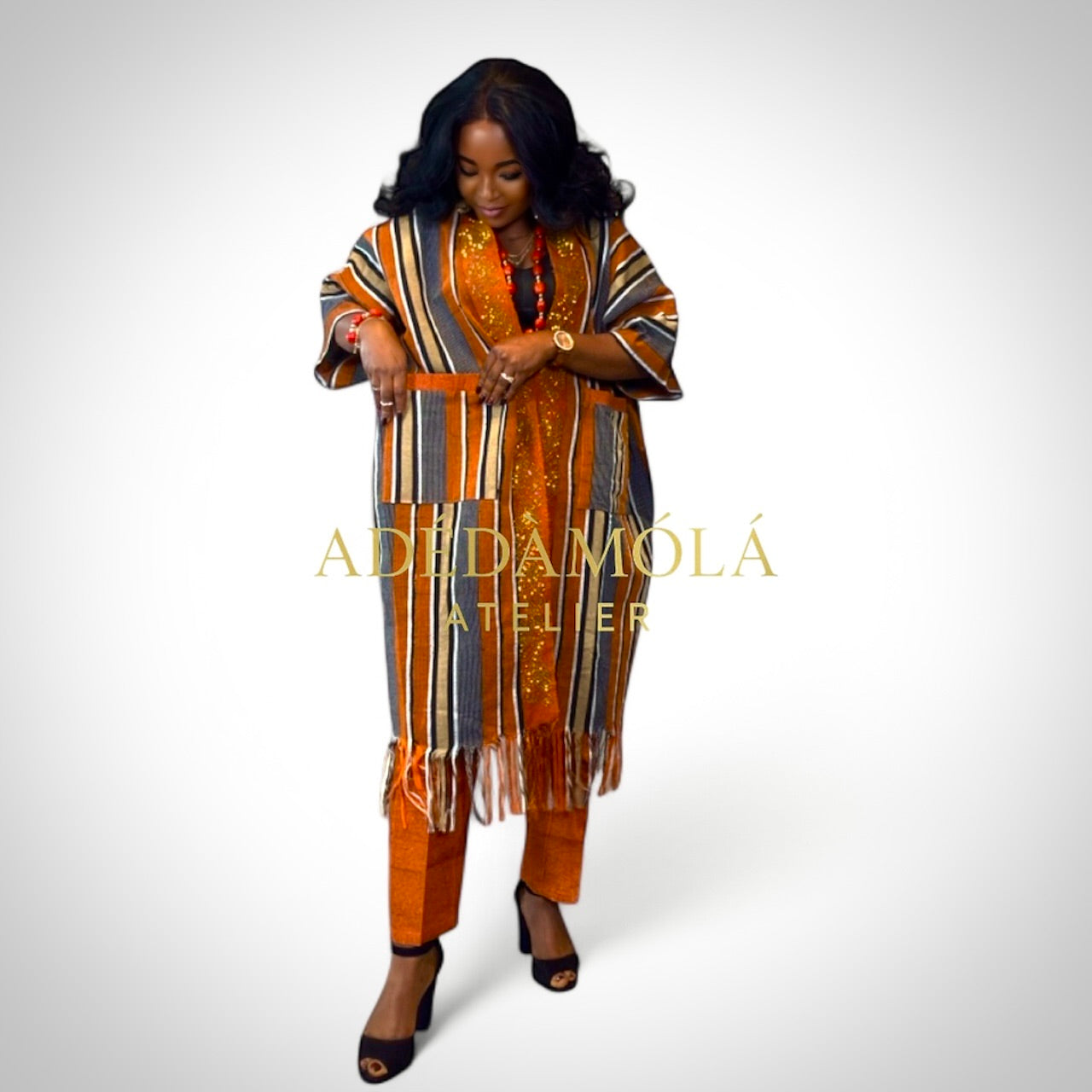 African Aso- Oke Kimono Jacket and trousers- Ade. One size fit upto size 16