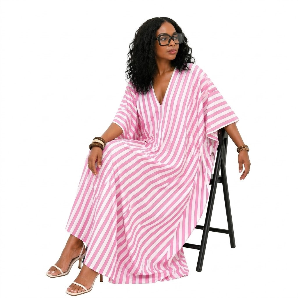 Striped Kaftan Maxi Dress | V-Neck Oversized Caftan | Beach Cover-Up |