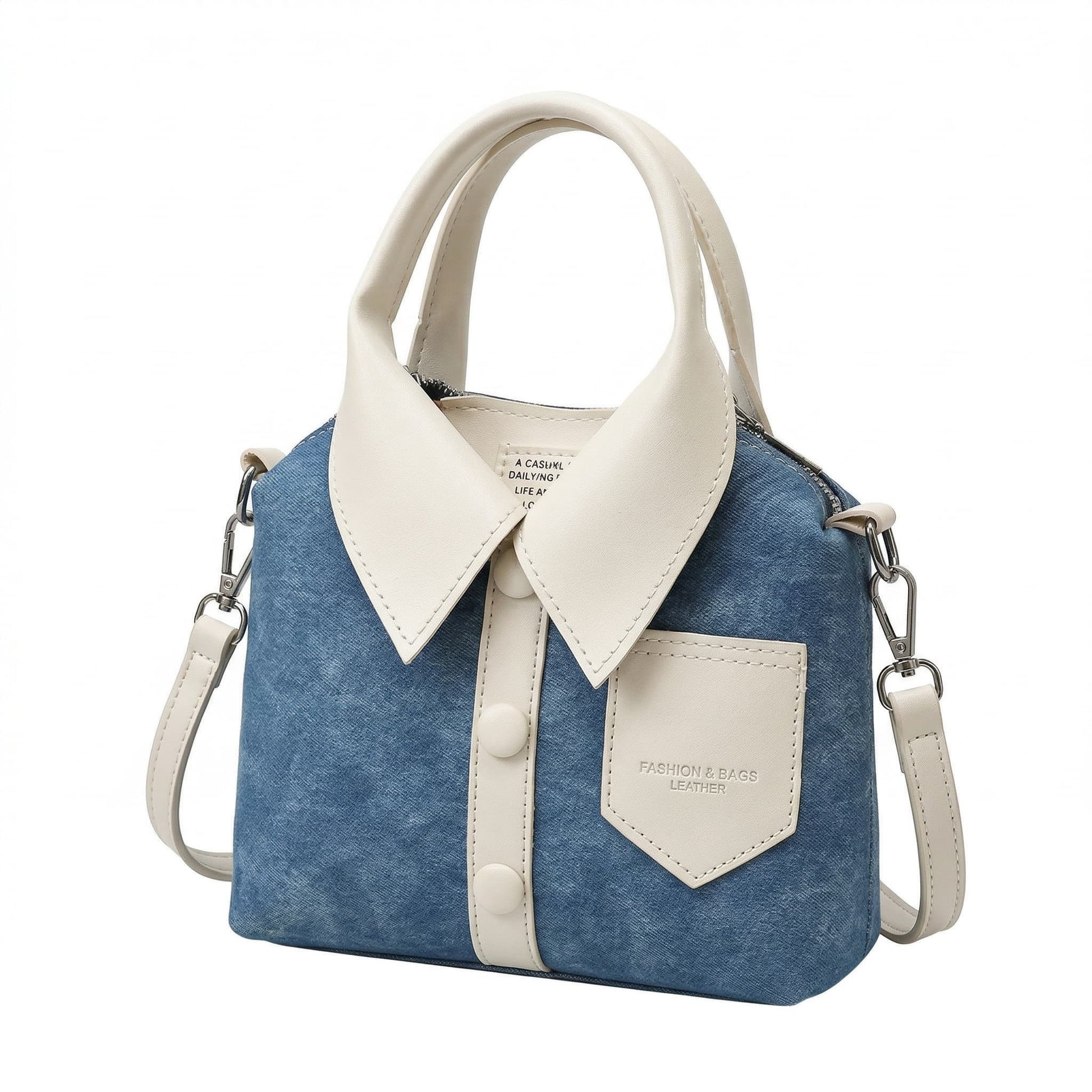 Blue handbag with white collar and buttons on a white background