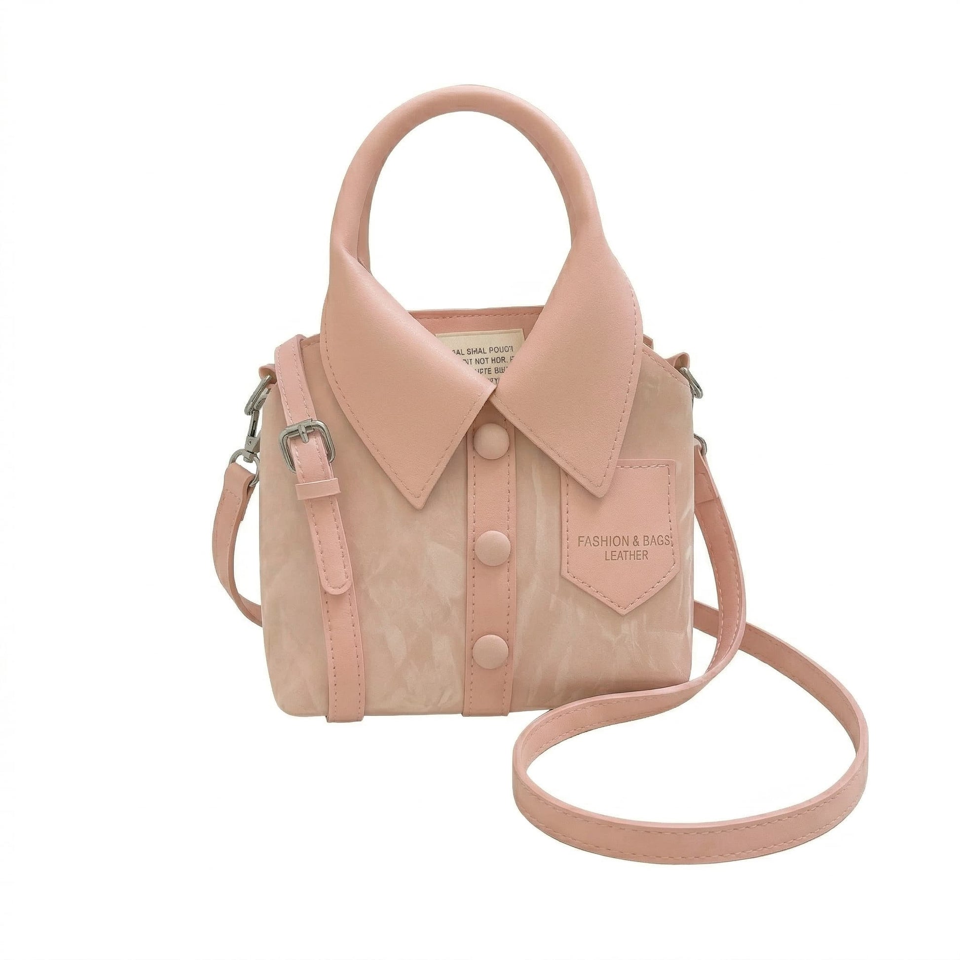 Pink handbag with a collar design on a white background