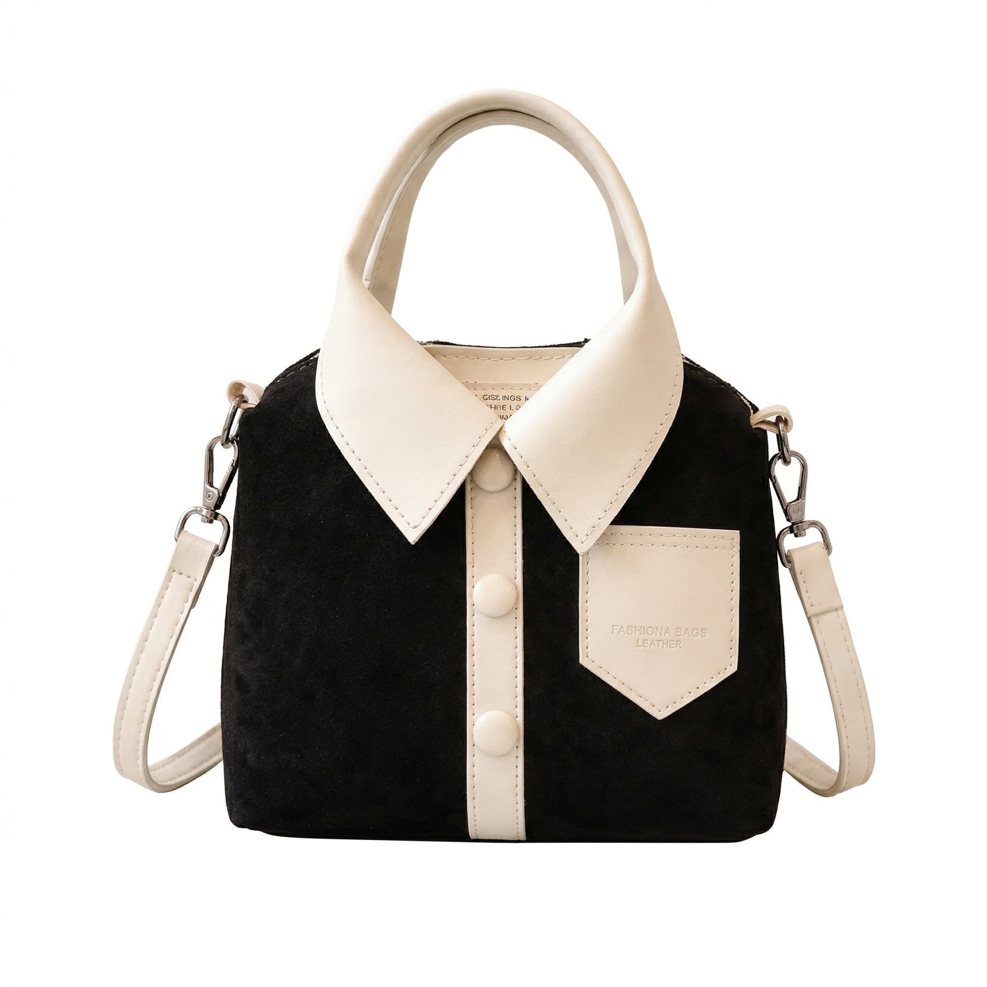 Black and white handbag designed like a shirt with collar and buttons on a white background