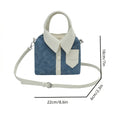 Blue and white bag with measurements on a white background