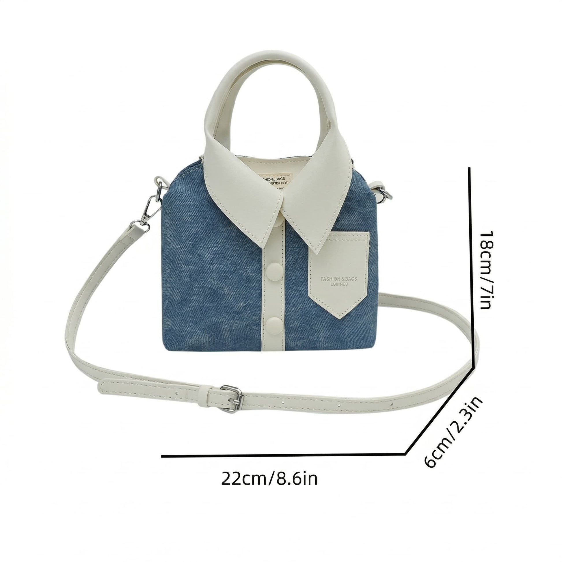 Blue and white bag with measurements on a white background