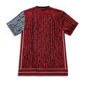 Red and black patterned shirt with white accents on a white background