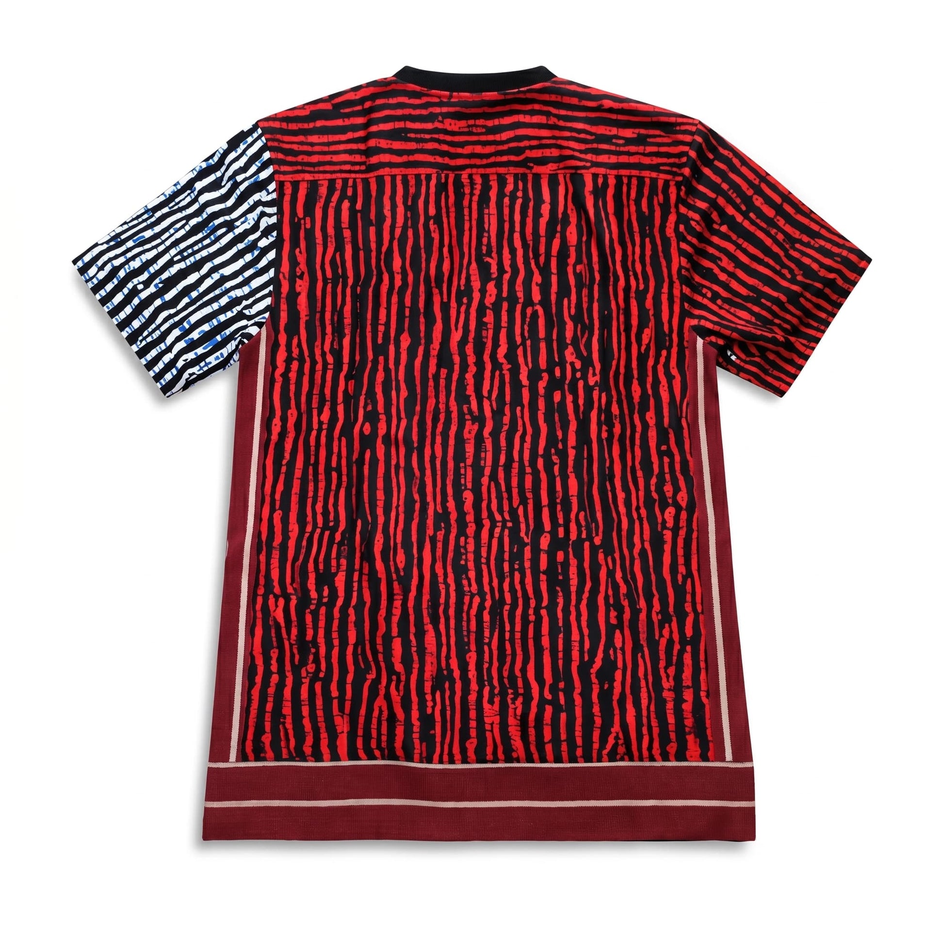 Red and black patterned shirt with white accents on a white background