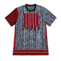 T-shirt with red and blue pattern on a white background