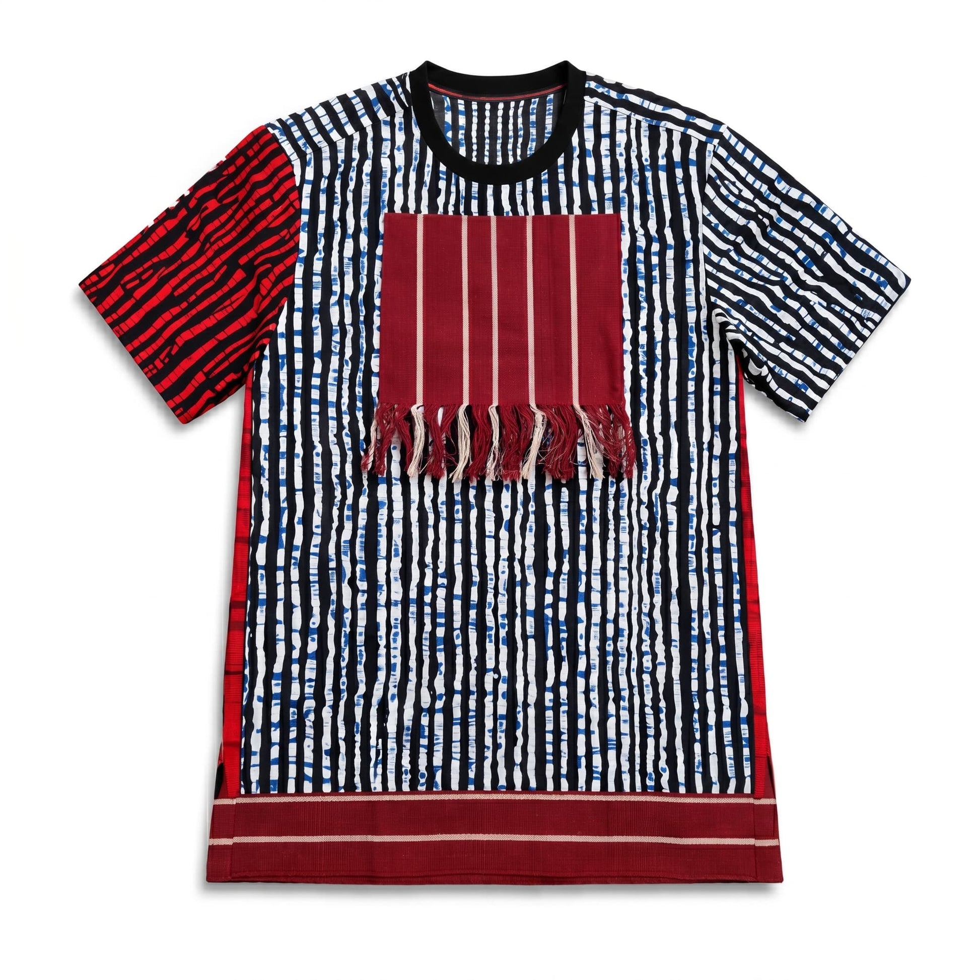 T-shirt with red and blue pattern on a white background