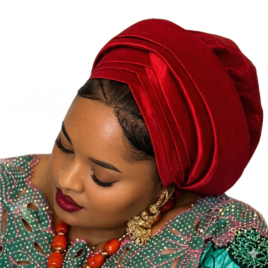 Woman wearing a red headscarf and colorful traditional outfit on a white background