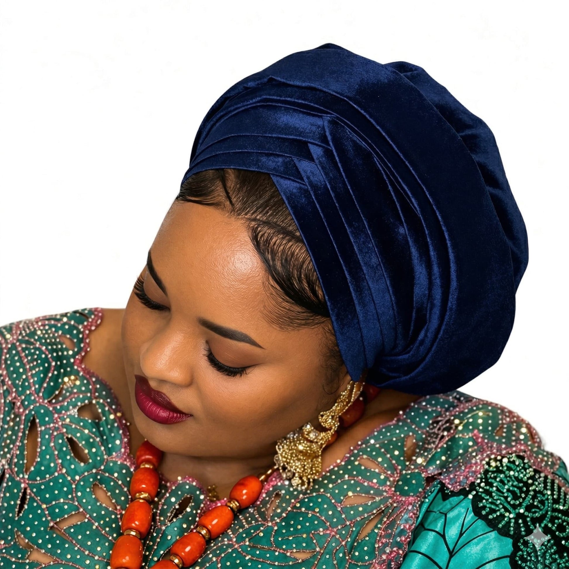 Woman wearing a blue headscarf and colorful traditional outfit on a white background