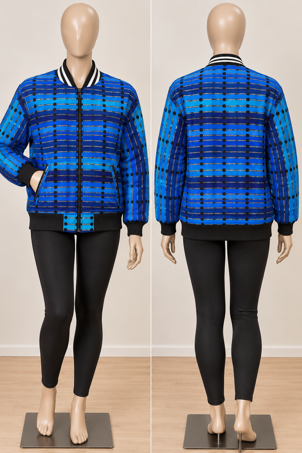 Women's blue Ankara bomber jacket with zip front and African print by Adedamola Atelier