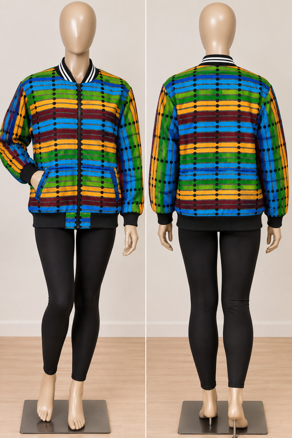 Women's yellow Ankara bomber jacket with zip front and African print by Adedamola Atelier