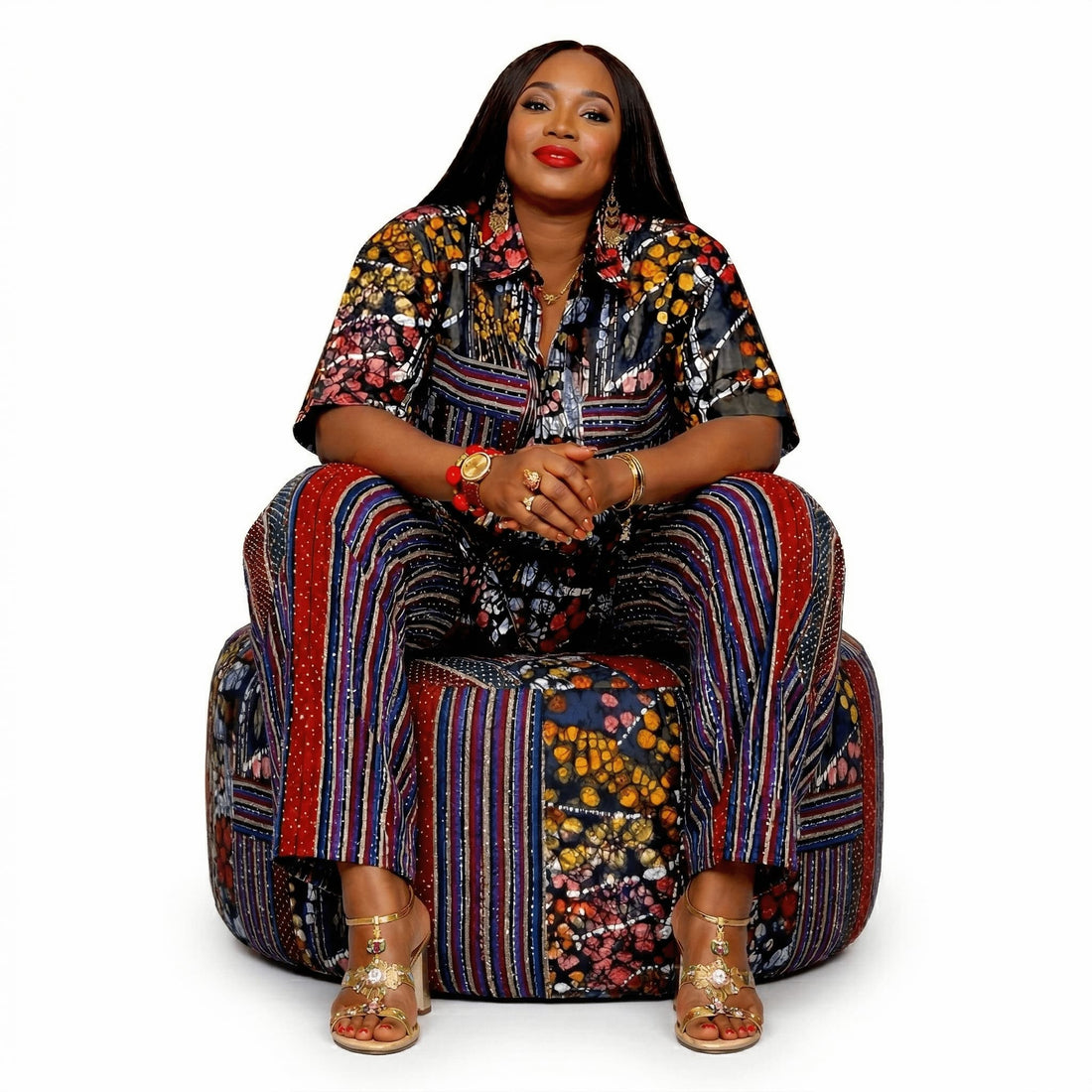Boss Lady 2 fully stoned 2-piece African trouser and shirt set by Adedamola Atelier - red blue striped Aso-Oke Adire luxury outfit | Edmonton Canada