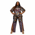 Boss Lady 2 fully stoned 2-piece African trouser and shirt set by Adedamola Atelier - red blue striped Aso-Oke Adire luxury outfit | Edmonton Canada