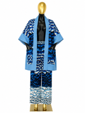 Women's Ankara and Aso Oke Kimono 2-Piece Set in yellow and black African wax print with yellow Aso Oke trim, displayed on gold mannequin