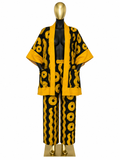 Women's Ankara and Aso Oke Kimono 2-Piece Set in blue African wax print with blue Aso Oke trim, displayed on gold mannequin