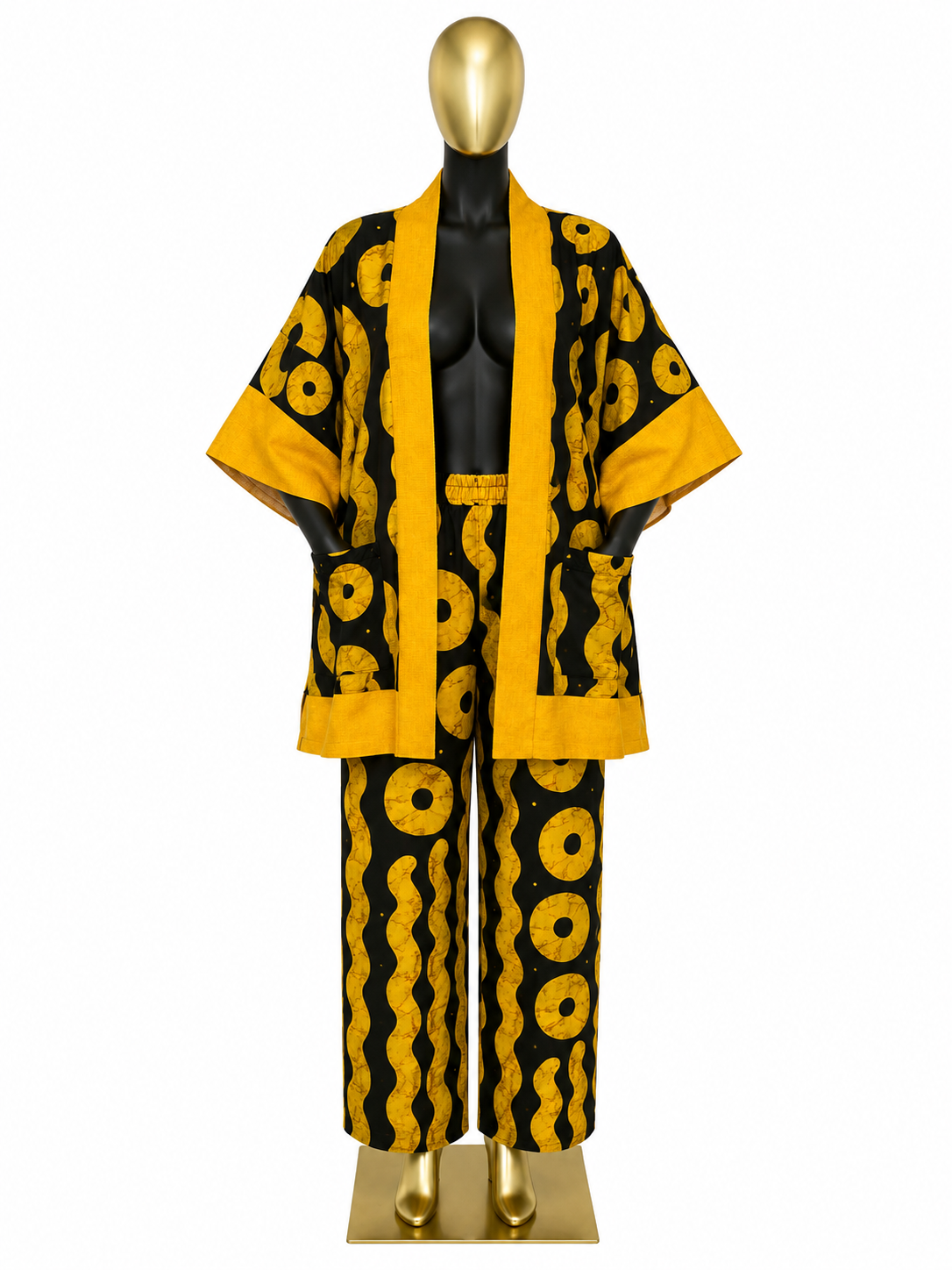 Women's Ankara and Aso Oke Kimono 2-Piece Set in blue African wax print with blue Aso Oke trim, displayed on gold mannequin