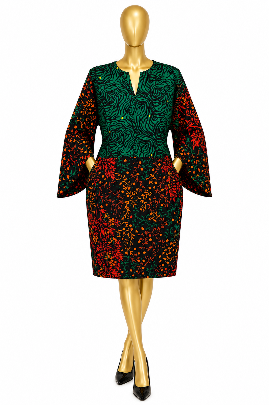 Women's Ankara short gown in black base with purple geometric XO circle print, bell sleeves