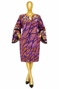 Women's Ankara short gown in golden yellow with black leaf swirl print, bell sleeves and split neckline