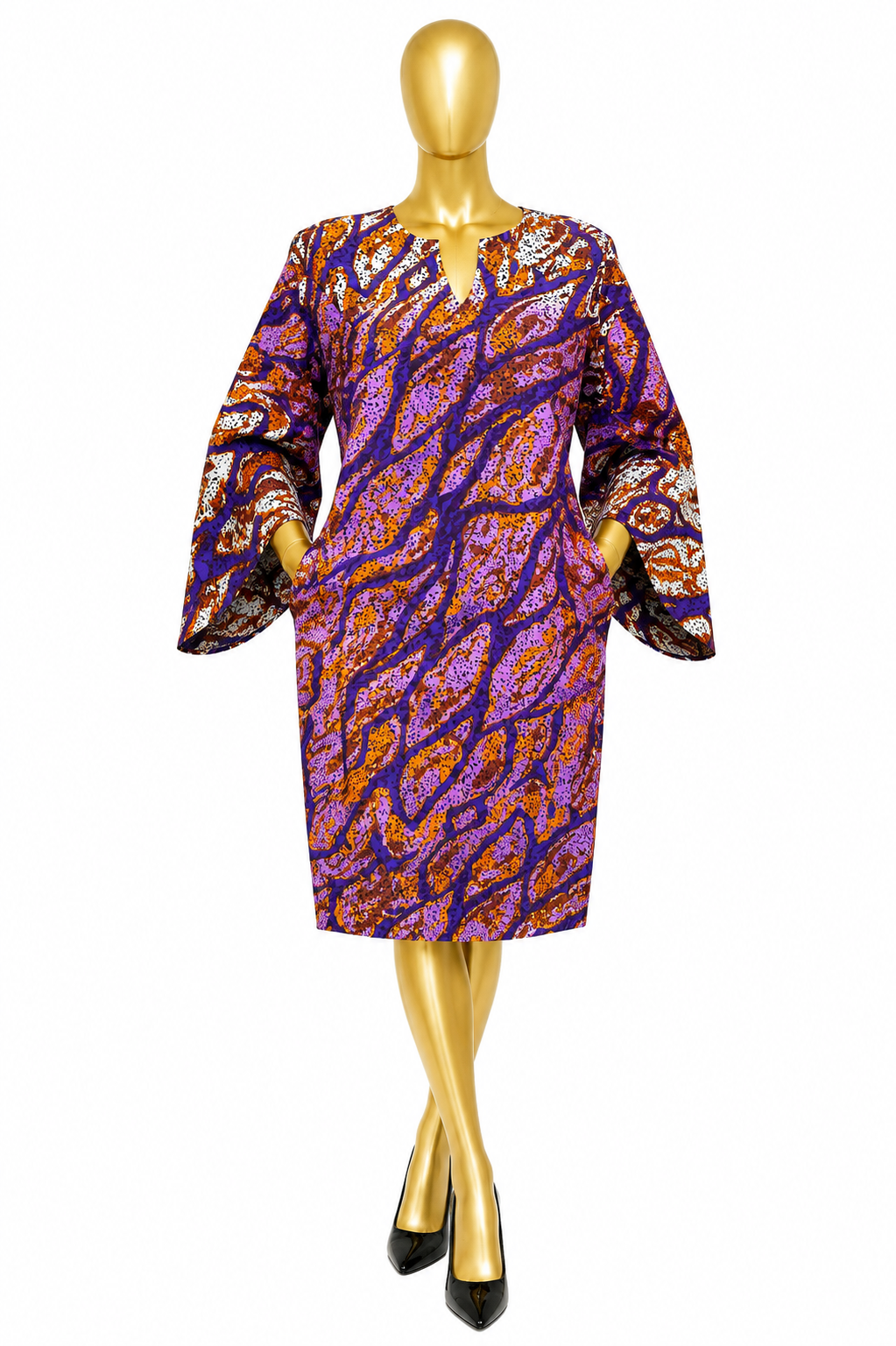 Women's Ankara short gown in golden yellow with black leaf swirl print, bell sleeves and split neckline