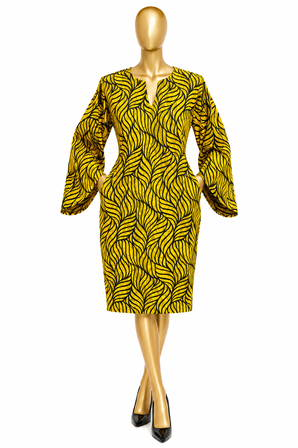 Women's Ankara short gown in multi-colour green, red and orange botanical print on dark base, bell sleeves
