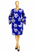 Women's Ankara short gown in royal blue with white African comb motif print, bell sleeves and split neckline