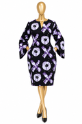 Women's Ankara short gown in purple abstract wax print with orange and lavender tones, bell sleeves