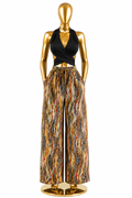 Men's Ankara wide-leg palazzo pants in earthy multicolour wave stripe — rust, gold, cream and black flowing pattern