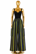 Men's Ankara wide-leg cargo pants in bold yellow, royal blue and green vertical stripe on black, elasticated waistband with patch pockets