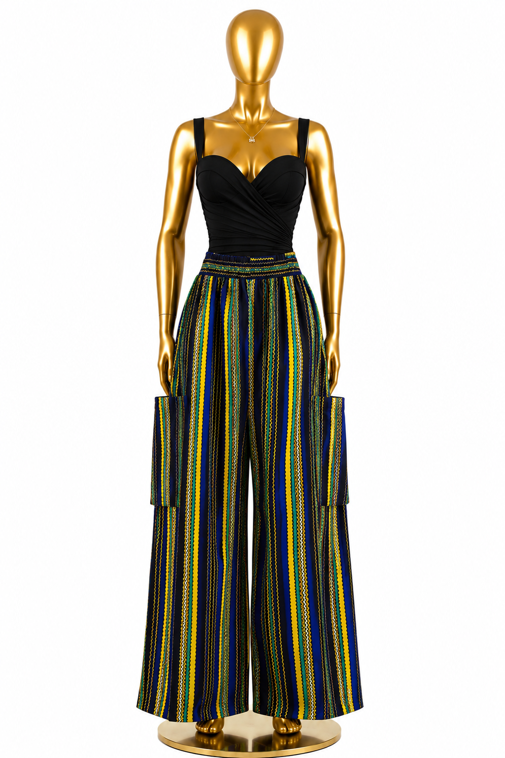 Men's Ankara wide-leg cargo pants in bold yellow, royal blue and green vertical stripe on black, elasticated waistband with patch pockets