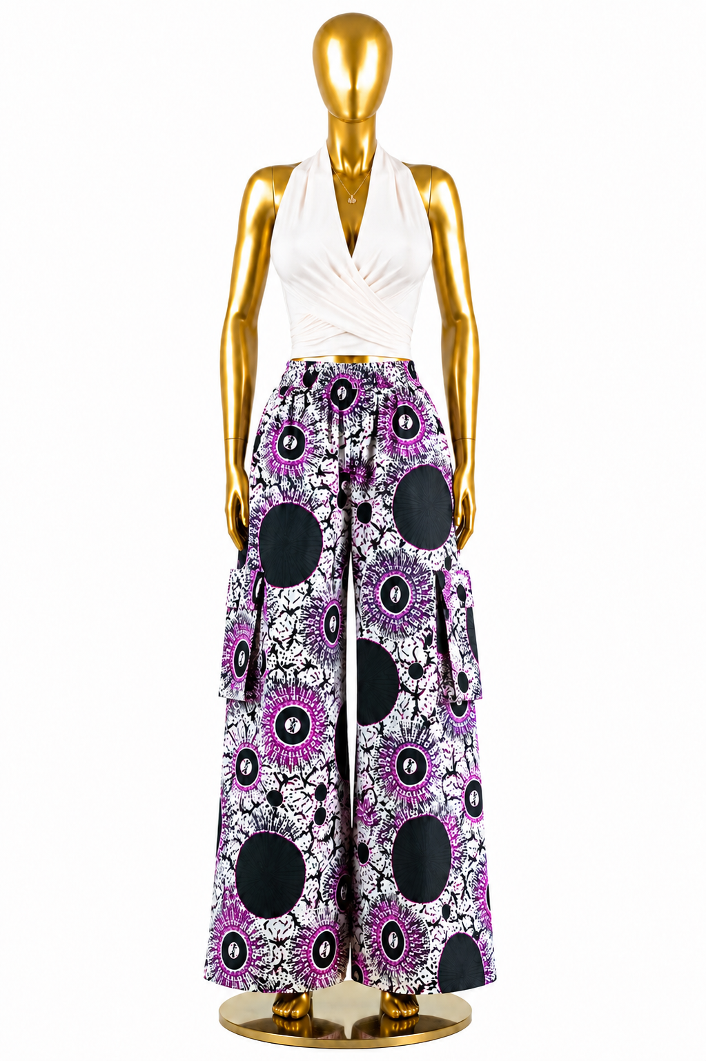 Men's Ankara wide-leg cargo pants in black and white geometric Adinkra-inspired abstract print with patch pockets