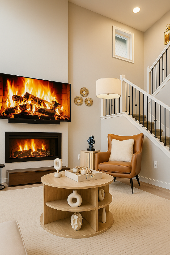 A warm living space with a tan armchair, sculptural accessories and a fireplace.