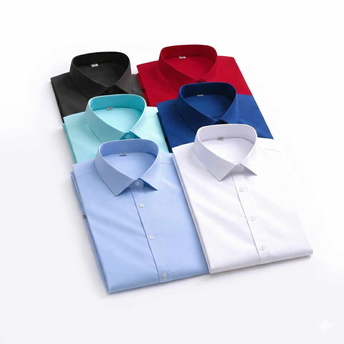 Man wearing a blue shirt and green pants on a white background