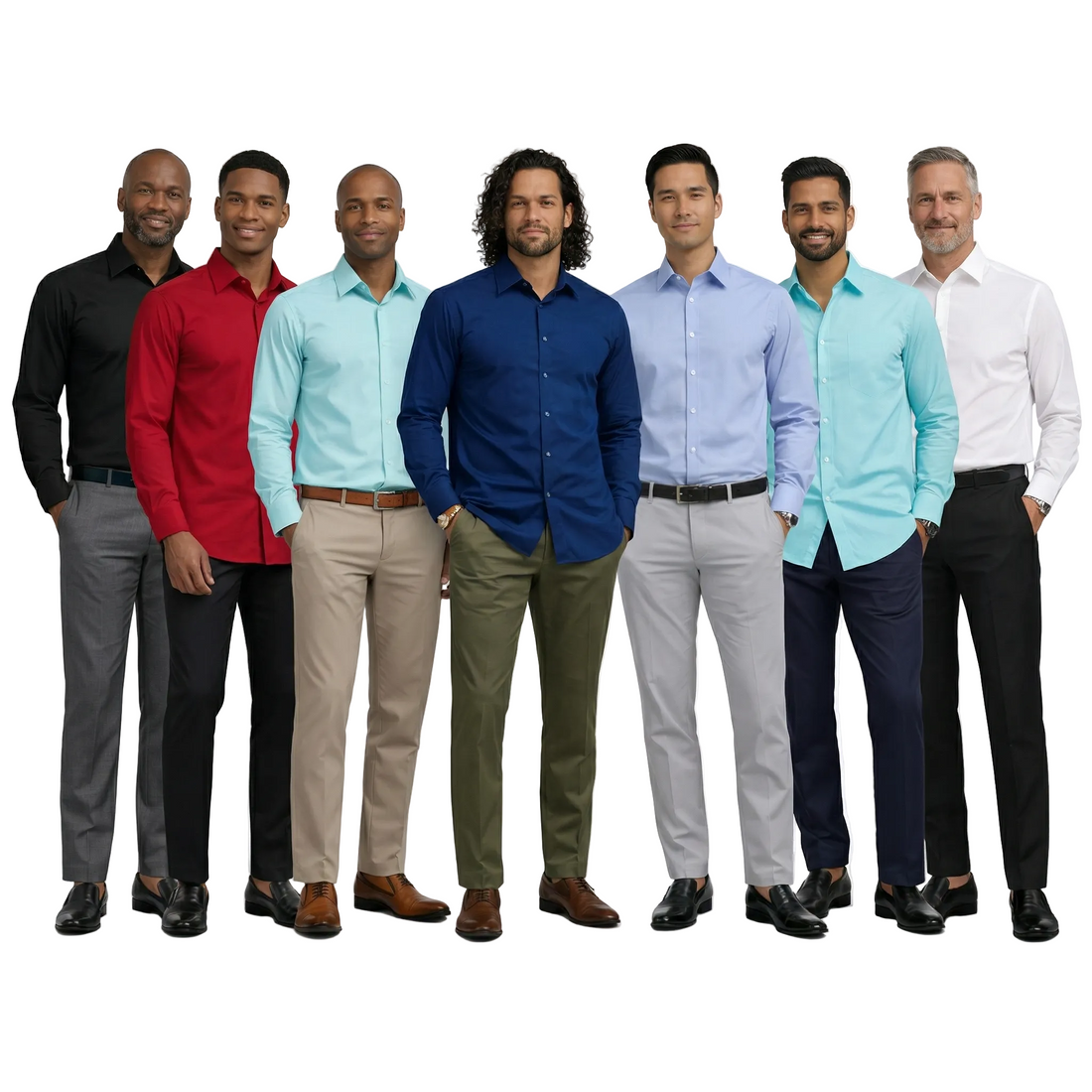 Man wearing a blue shirt and green pants on a white background