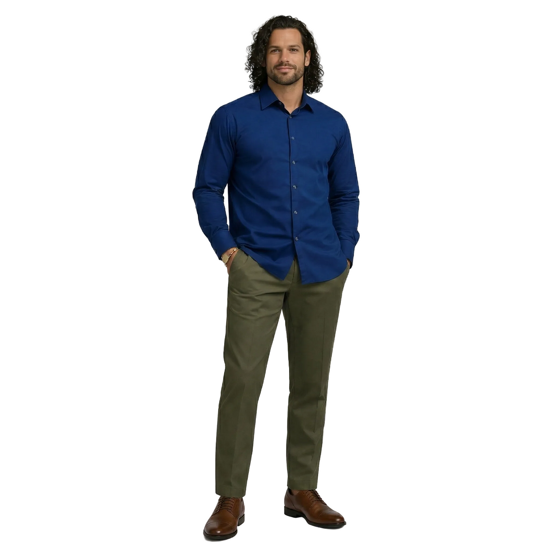 Man wearing a blue shirt and green pants on a white background