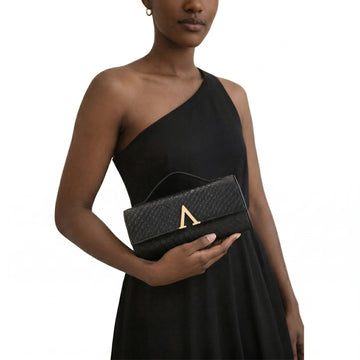 Elegant black textured evening clutch bag with gold Adedamola Atelier emblem - formal metallic handbag for weddings and galas | Edmonton Canada