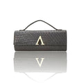 Elegant black textured evening clutch bag with gold Adedamola Atelier emblem - formal metallic handbag for weddings and galas | Edmonton Canada