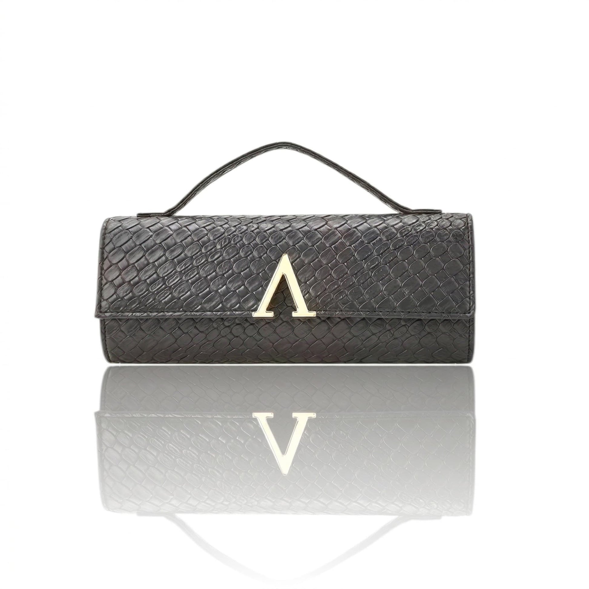 Elegant black textured evening clutch bag with gold Adedamola Atelier emblem - formal metallic handbag for weddings and galas | Edmonton Canada