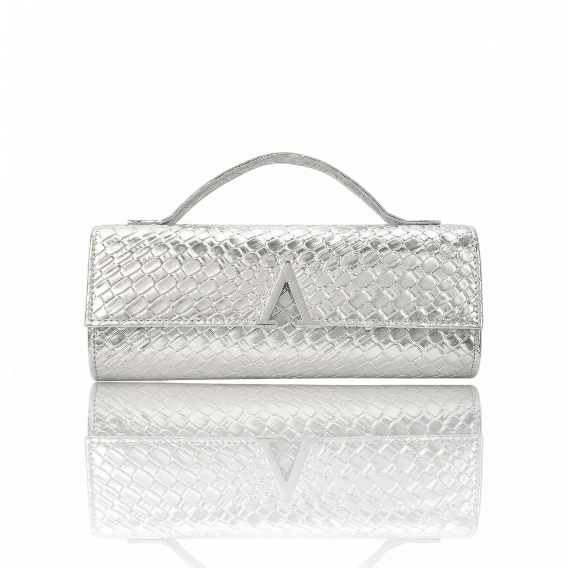 Silver clutch bag with a textured pattern on a white background