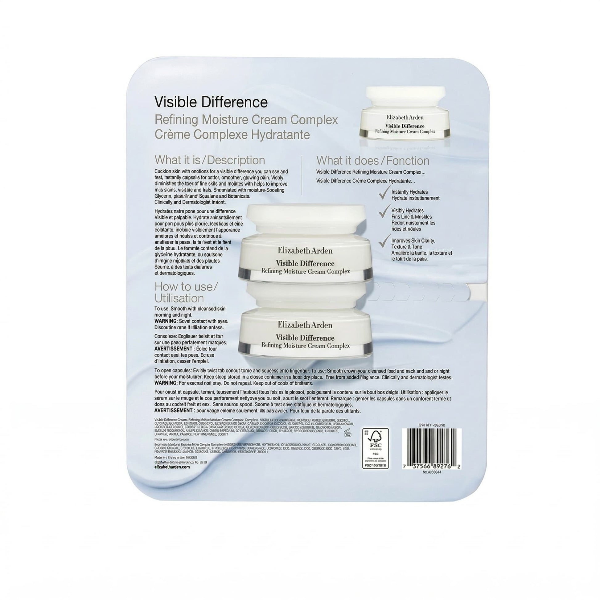 Back of a skincare product packaging with text and images of cream bottles.