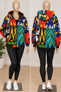 Women's multicolour orange and blue Ankara print zip-up hoodie jacket, front and back views