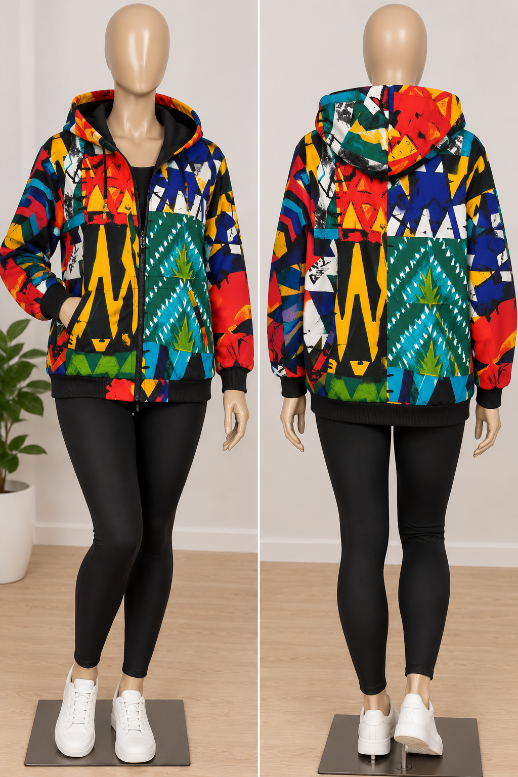 Women's multicolour orange and blue Ankara print zip-up hoodie jacket, front and back views