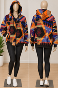 Women's blue, red and green multicolour Ankara print zip-up hoodie jacket, front and back views