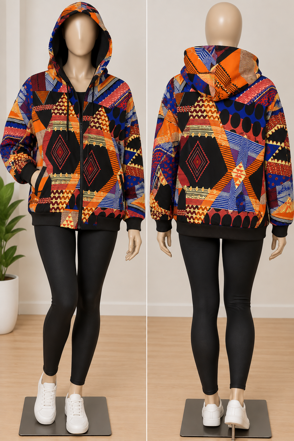 Women's blue, red and green multicolour Ankara print zip-up hoodie jacket, front and back views
