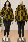 Women's yellow and black Ankara print zip-up hoodie jacket, front and back views