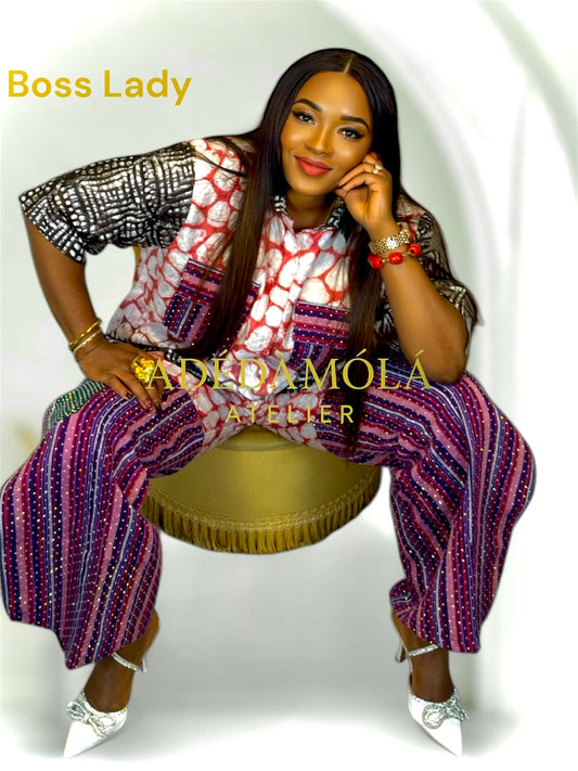 Fully stoned 2-piece African Trousers and shirt set- Boss Lady.