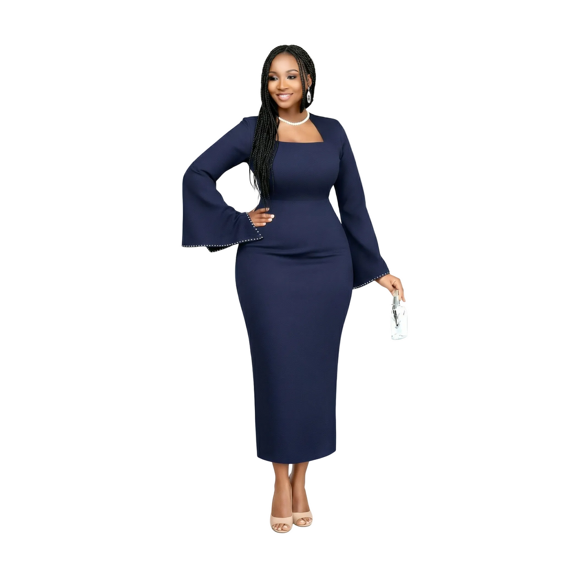 ITAN Elegance Gown Navy Blue - Full-Length Formal Dress with Bell Sleeves by Adedamola Atelier | Edmonton Canada