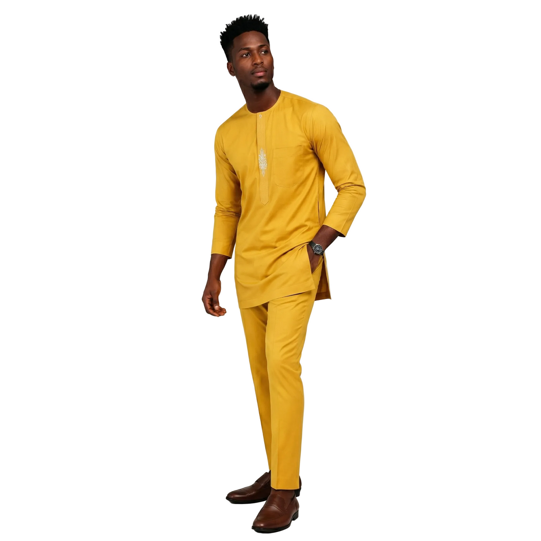 Model wearing the Ìfẹ́lúwà African 2-piece suit in deep burgundy, featuring tailored trousers and a detailed tunic by Adédàmọ́lá Atelier.