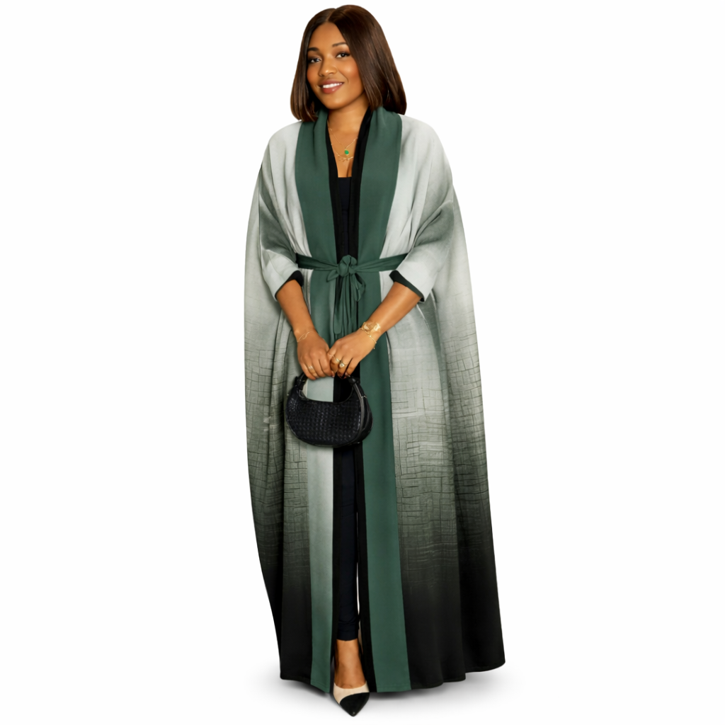 Luxury green abaya kimono jacket from the IRIRI Collection by Adedamola Atelier - African ready-to-wear viscose wrap jacket for women